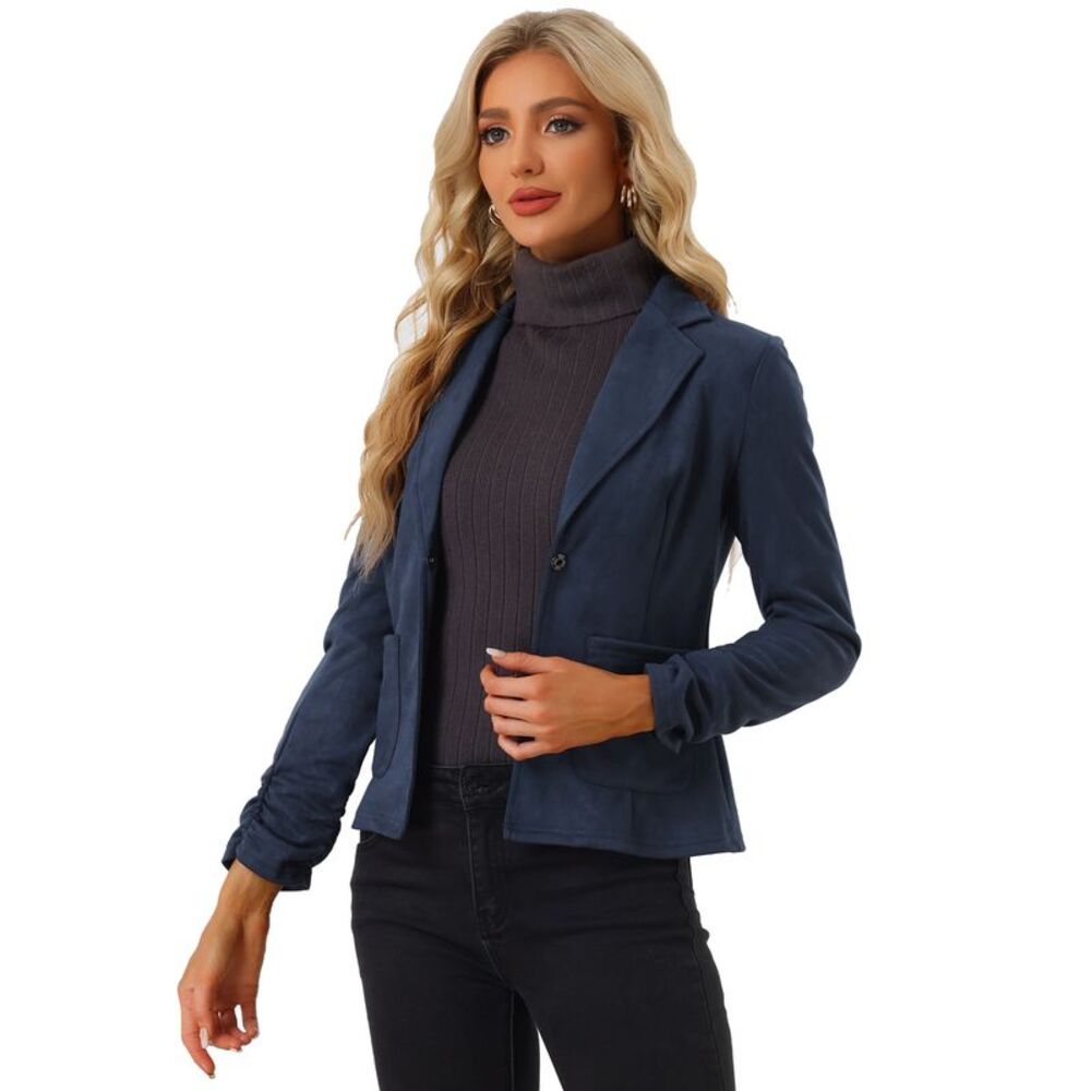 Casual Open Front Drawstring Faux Suede Blazer Dark Blue